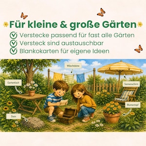 Pu&ograve; includere: Una scena di giardino illustrata con due bambini che interagiscono con un piccolo baule di legno. L'immagine include etichette per un tavolo da giardino, pietra, stendibiancheria, ombrellone e vaso di fiori, con il testo F&uuml;r kleine & gro&szlig;e G&auml;rten.