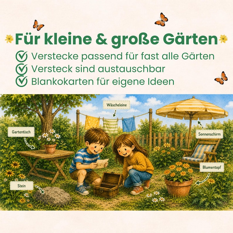 Pu&ograve; includere: Una scena di giardino illustrata con due bambini che interagiscono con un piccolo baule di legno. L'immagine include etichette per un tavolo da giardino, pietra, stendibiancheria, ombrellone e vaso di fiori, con il testo F&uuml;r kleine & gro&szlig;e G&auml;rten.