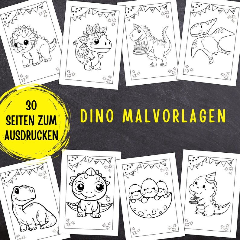 Puede incluir: Un conjunto de 30 p&aacute;ginas para colorear en blanco y negro con ilustraciones de dinosaurios adorables. Las p&aacute;ginas est&aacute;n dise&ntilde;adas para que los ni&ntilde;os las coloreen y son perfectas para una fiesta o actividad con tem&aacute;tica de dinosaurios.