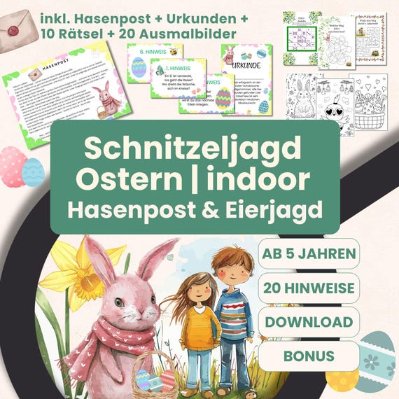 Oster Schnitzeljagd Indoor PDF | Osterschatzsuche Kinder 5–11 | Eiersuche mit Rätseln | inklusive Bonus | Sofort Ausdrucken