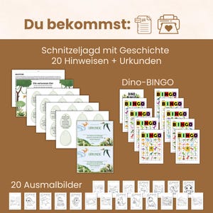 May include: A collection of educational materials, including Dino-BINGO cards, coloring pages, and certificates. The image features various printed sheets with dinosaur illustrations and the text "Dino-BINGO" and "Urkunde". The materials are arranged on a brown background.
