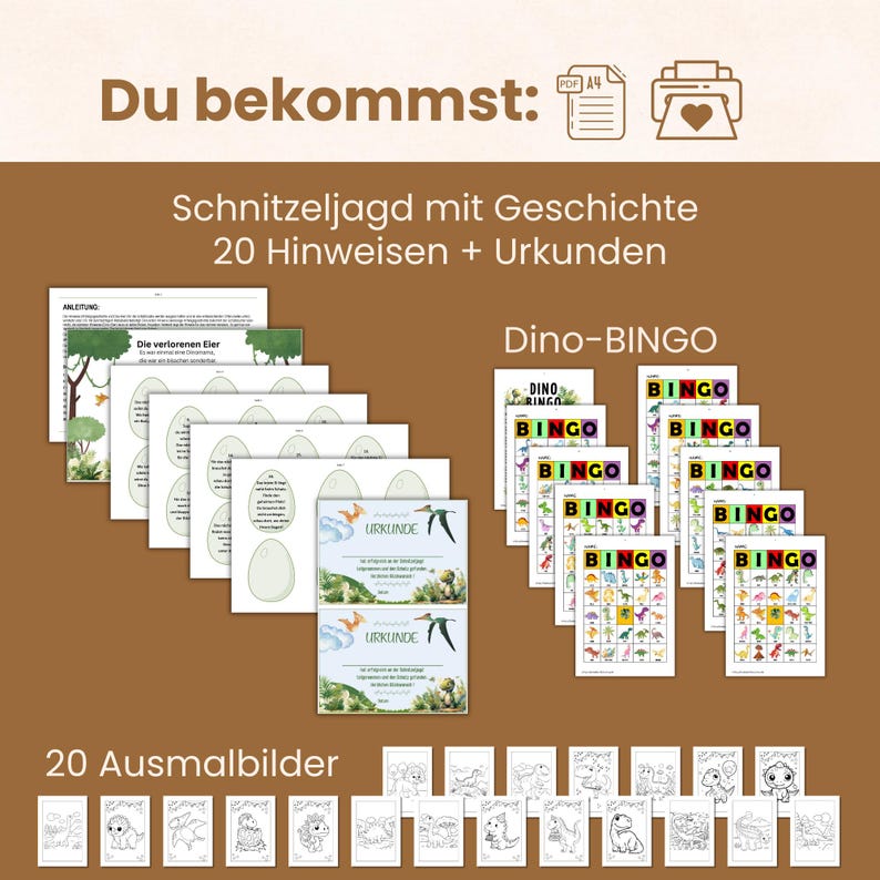 May include: A collection of educational materials, including Dino-BINGO cards, coloring pages, and certificates. The image features various printed sheets with dinosaur illustrations and the text "Dino-BINGO" and "Urkunde". The materials are arranged on a brown background.