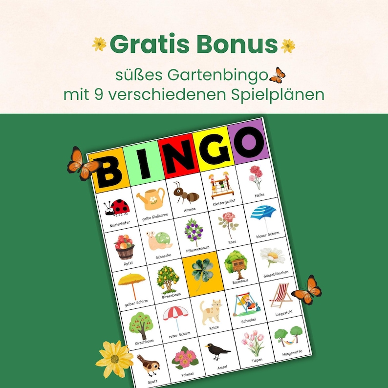 Pu&ograve; includere: Una cartella di bingo a tema giardino con una griglia di illustrazioni colorate di natura, animali e oggetti da esterno, con etichette in tedesco. La carta &egrave; decorata con farfalle arancioni e fiori gialli su uno sfondo verde scuro.
