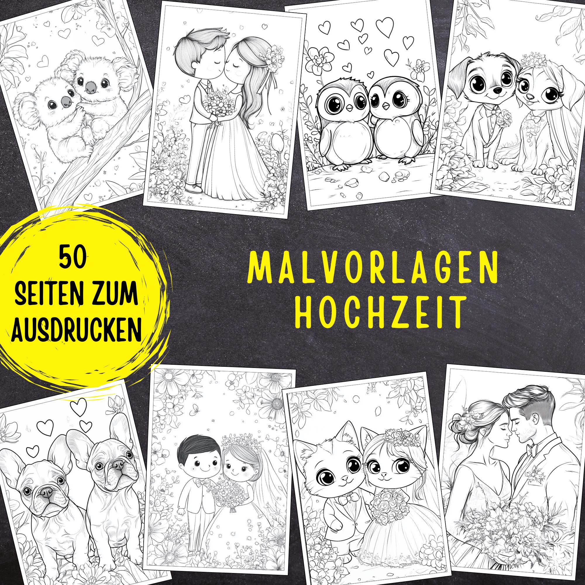 Kleurplaten bruiloft | 50 kleurplaten | Werkgelegenheid Bruiloft Kinderen | PDF-sjabloon voor afdrukken | Kinderbruiloft | (PDF, 50 pagina's)