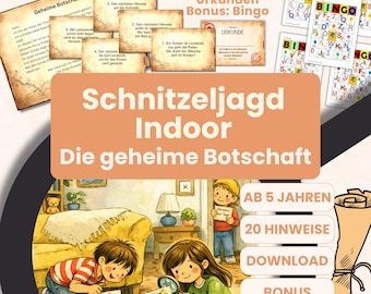 Indoor Schnitzeljagd mit 20 Hinweisen für Kinder ab 5 Jahren in Reimform z.B. zum Geburtstag zum sofort Ausdrucken (PDF, 5 Seiten)