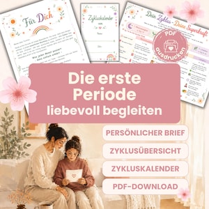 Puede incluir: Un conjunto de imprimibles educativos para el seguimiento del ciclo menstrual, que incluye una carta titulada Für Dich, un calendario de ciclo y una descripción general titulada Dein Zyklus - Deine Superkraft, con ilustraciones florales, iconos de arcoíris y un sello rosa PDF ausdrucken.