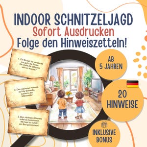 Indoor scavenger hunt with 20 clues for children ages 5 and up in rhyme form, e.g. for birthdays, to print out immediately (PDF, 5 pages)