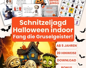 Caccia al tesoro di Halloween al chiuso con 20 indizi per bambini dai 6 anni in su, in rima, da stampare (PDF, 5 pagine)