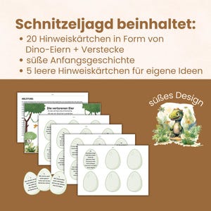 May include: A dinosaur-themed scavenger hunt kit with instructions, story pages, and egg-shaped clue cards. The kit includes 20 clue cards, a sweet beginning story, and 5 blank cards for custom ideas. The design features a cartoon dinosaur.