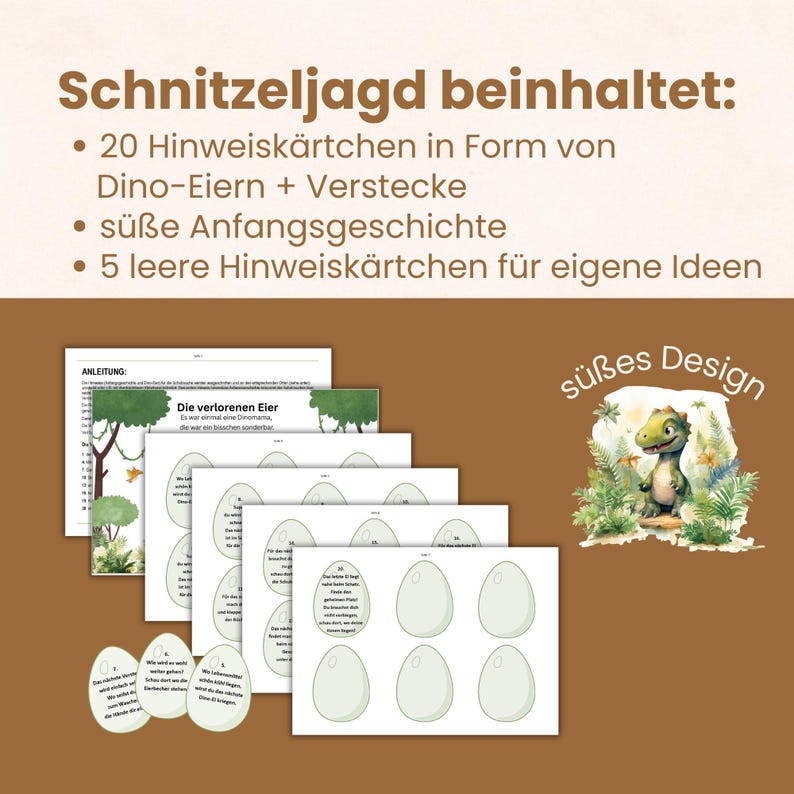 May include: A dinosaur-themed scavenger hunt kit with instructions, story pages, and egg-shaped clue cards. The kit includes 20 clue cards, a sweet beginning story, and 5 blank cards for custom ideas. The design features a cartoon dinosaur.