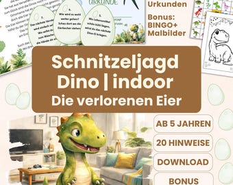 Indoor dinosaur scavenger hunt for children aged 5 and up with 20 clues in rhyme, printable (PDF), e.g., for birthdays or the start of school.