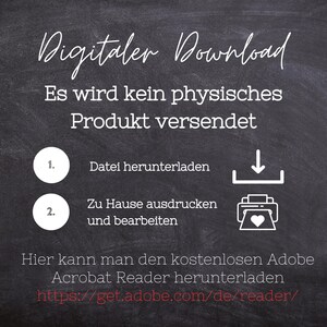 Puede incluir: Una pizarra con texto blanco que dice "Digitaler Download" y "Es wird kein physisches Produkt versendet". El texto tambi&eacute;n dice "Datei herunterladen" y "Zu Hause ausdrucken und bearbeiten". Hay una flecha de descarga y un icono de impresora con un coraz&oacute;n.