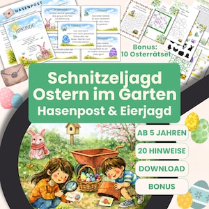 May include: A digital Easter-themed scavenger hunt kit with the text "Schnitzeljagd Ostern im Garten Hasenpost & Eierjagd". The image features illustrations of children, Easter eggs, a bunny, and clues. Includes bonus puzzles and is for ages 5 and up.