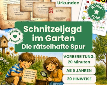 Simple garden scavenger hunt for children aged 5 and up – printable treasure hunt with 20 rhyming clues