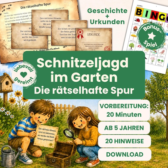 Einfache Gartenschnitzeljagd für Kinder ab 5 Jahren – Schatzsuche zum Ausdrucken mit 20 gereimten Hinweisen