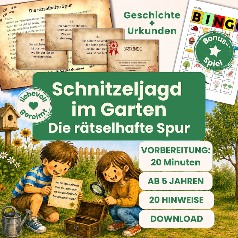 Pu&ograve; includere: Un kit di caccia al tesoro per giardini intitolato Schnitzeljagd im Garten Die r&auml;tselhafte Spur, che include carte illustrate, un certificato e un gioco di bingo. Il set contiene istruzioni per bambini dai cinque anni in su, richiede venti minuti di preparazione e venti indizi per l'attivit&agrave;.