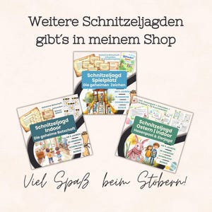 May include: Image featuring three game sets with the titles "Schnitzeljagd Spielplatz", "Schnitzeljagd Indoor", and "Schnitzeljagd Ostern". Each set includes the number of hints, download information, and bonus details. The image also includes German text.