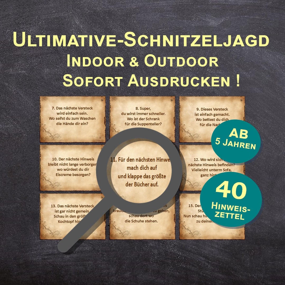 Ultimative Schnitzeljagd mit 40 Hinweiszetteln für drinnen und draußen ...