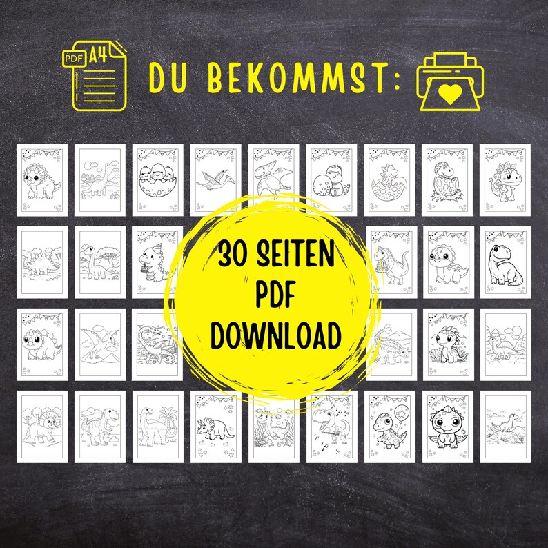 Puede incluir: Una imagen en blanco y negro de 30 p&aacute;ginas para colorear imprimibles con lindos dinosaurios. El texto "30 SEITEN PDF DOWNLOAD" est&aacute; en un c&iacute;rculo amarillo.