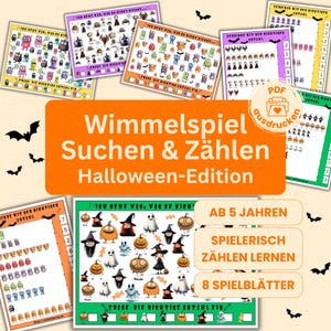 Juego de objetos ocultos de Halloween para niños de 5 años en adelante · Aprende a buscar y contar · 8 páginas de juego · Juego de conteo en formato PDF imprimible