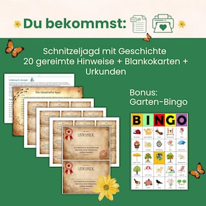 Pu&ograve; includere: Un kit digitale per caccia al tesoro con 20 indizi in rima, carte bianche e certificati su carta pergamena. Include un gioco di bingo da giardino con illustrazioni colorate. Testo: Du bekommst: Schnitzeljagd mit Geschichte, 20 gereimte Hinweise + Blankokarten + Urkunden, Bonus: Garten-Bingo, Urkunde, Die r&auml;tselhafte Spur, Anleitung & L&ouml;sungen.