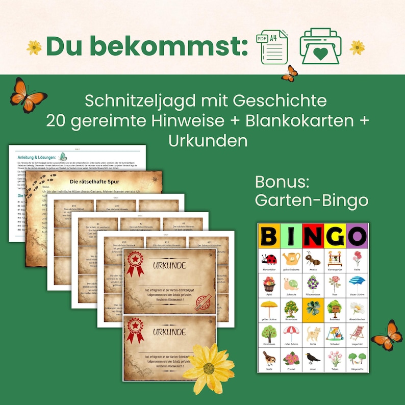 Pu&ograve; includere: Un kit digitale per caccia al tesoro con 20 indizi in rima, carte bianche e certificati su carta pergamena. Include un gioco di bingo da giardino con illustrazioni colorate. Testo: Du bekommst: Schnitzeljagd mit Geschichte, 20 gereimte Hinweise + Blankokarten + Urkunden, Bonus: Garten-Bingo, Urkunde, Die r&auml;tselhafte Spur, Anleitung & L&ouml;sungen.