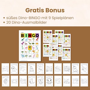 May include: A set of dinosaur-themed bingo cards and coloring pages. The bingo cards feature colorful dinosaur illustrations, while the coloring pages showcase various dinosaur designs. The text "Gratis Bonus" and other German text is visible.
