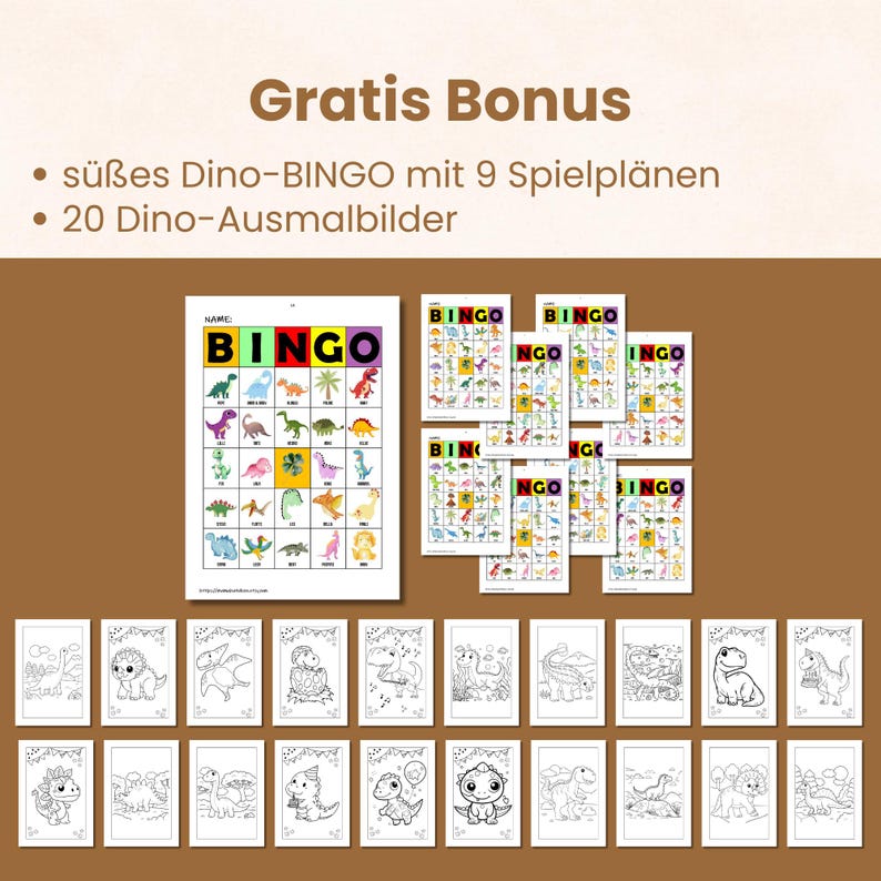 May include: A set of dinosaur-themed bingo cards and coloring pages. The bingo cards feature colorful dinosaur illustrations, while the coloring pages showcase various dinosaur designs. The text "Gratis Bonus" and other German text is visible.