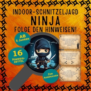 Ninja scavenger hunt with 16 clues for children ages 6 and up in rhyme form for birthdays or back-to-school celebrations, printable (PDF, 5 pages)