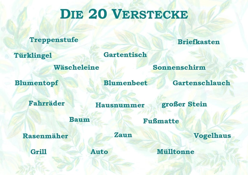 Outdoor scavenger hunt for the garden with 20 clues for children from the age of 5, e.g. for a birthday in rhyme form to print out PDF, 5 pages image 2