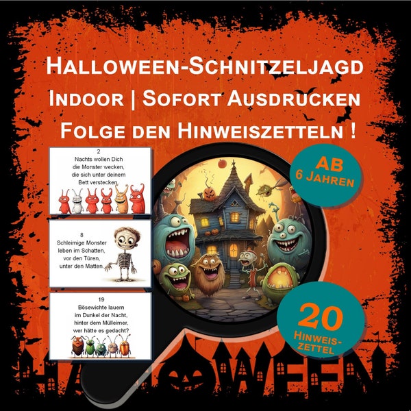 Indoor Halloween-speurtocht met 20 aanwijzingen voor kinderen vanaf 6 jaar in rijmende vorm om af te drukken (PDF, 5 pagina's)