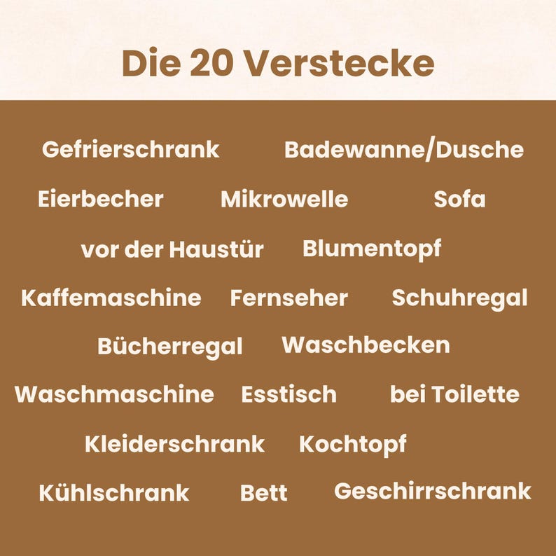 May include: A brown graphic with white text in German. The title reads "Die 20 Verstecke". Below are 20 German words, including "refrigerator", "bathtub/shower", "microwave", "sofa", and "washing machine".