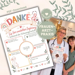 Op de afbeelding: Een printbaar PDF-document met de Duitse tekst DANKE, Für Ihre wunderbare Begleitung während der Schwangerschaft, en diverse secties voor notities, inclusief een ruimte voor een foto, versierd met aquarel hartjes, bladeren en een stethoscoop.