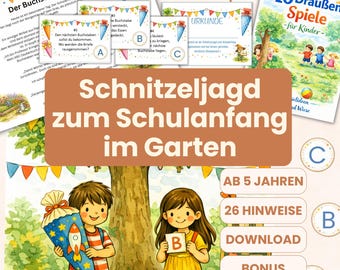 Outdoor scavenger hunt for the start of school in the garden with 26 clues for children aged 5 and up in rhyme form, printable (PDF, 7 pages)