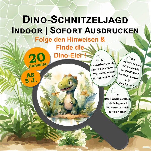 Indoor dinosaurusspeurtocht voor kinderen vanaf 5 jaar met 20 aanwijzingen in rijmvorm om af te drukken (PDF 6 pagina's), bijvoorbeeld voor verjaardagen of de start van school