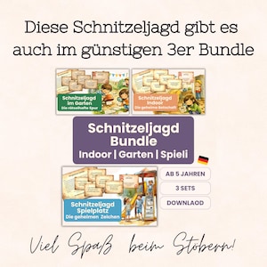 Pu&ograve; includere: Un pacchetto di caccia al tesoro digitale che include tre set: Schnitzeljagd im Garten, Schnitzeljagd Indoor e Schnitzeljagd Spielplatz. L'immagine mostra illustrazioni di bambini, carte da gioco e etichette di testo che indicano 3 set, dai 5 anni in su e download.