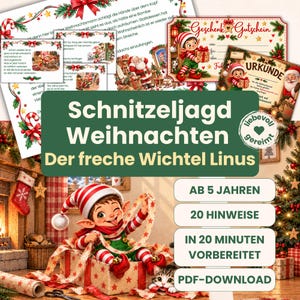 クリスマスエルフの宝探しゲーム – 5歳以上向け、韻を踏んだ20のヒント | 子供向け室内宝探しゲーム | 印刷可能なPDF
