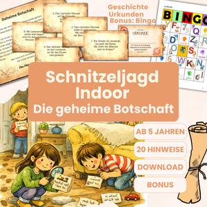 以下が含まれることがあります： 「Schnitzeljagd Indoor」と「Die geheime Botschaft」というタイトルのイラストゲームセット。宝探しをする子供たちの様子が描かれており、ヒントとビンゴカードがあります。「AB 5 JAHREN」、「20 HINWEISE」、「DOWNLOAD」、「BONUS」という言葉が含まれています。