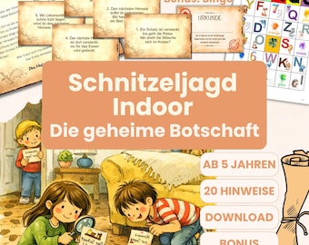 Indoor scavenger hunt with 20 clues for children aged 5 and up, in rhyme, e.g., for birthdays, ready to print (PDF, 5 pages)