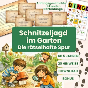 Może przedstawiać: Gra w poszukiwanie skarbów dla dzieci o tematyce ogrodowej z tekstem "Schnitzeljagd im Garten Die rätselhafte Spur". Obraz zawiera ilustracje dzieci, wskazówki i kartę bingo. Dodatkowy tekst zawiera "AB 5 JAHREN", "20 HINWEISE".