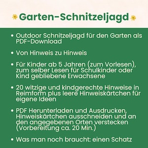 Pu&ograve; includere: Un volantino digitale verde intitolato Garten-Schnitzeljagd che presenta un elenco di caratteristiche per una caccia al tesoro all'aperto. Il testo descrive un download PDF con 20 indizi in rima, carte vuote per idee e istruzioni.