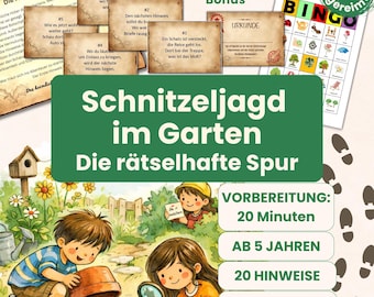 Simple garden scavenger hunt for children aged 5 and up – printable treasure hunt with 20 rhyming clues