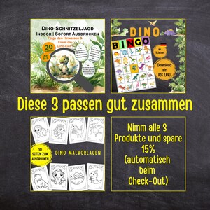 Puede incluir: Tres actividades educativas imprimibles con tem&aacute;tica de dinosaurios para ni&ntilde;os. La primera es una b&uacute;squeda del tesoro, la segunda es un juego de bingo y la tercera es un conjunto de p&aacute;ginas para colorear. El texto de la imagen dice "Estas 3 encajan bien. Toma los 3 productos y ahorra un 15% (autom&aacute;ticamente en la caja)"
