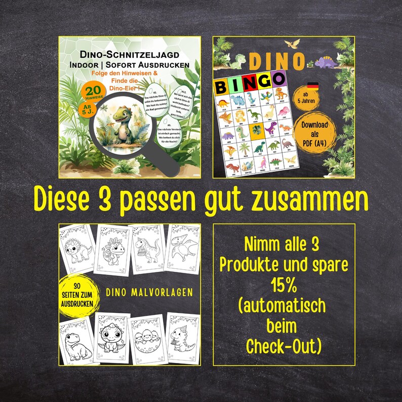 Puede incluir: Tres actividades educativas imprimibles con tem&aacute;tica de dinosaurios para ni&ntilde;os. La primera es una b&uacute;squeda del tesoro, la segunda es un juego de bingo y la tercera es un conjunto de p&aacute;ginas para colorear. El texto de la imagen dice "Estas 3 encajan bien. Toma los 3 productos y ahorra un 15% (autom&aacute;ticamente en la caja)"