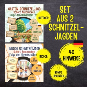 Set of 2 scavenger hunts with 20 clues each, perfect for children aged 5 and over, for indoors and outdoors, in rhyme form for printing (2 PDFs)