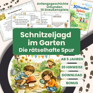 Búsqueda del tesoro al aire libre para el jardín con 20 pistas para niños a partir de 5 años, por ejemplo, para un cumpleaños, en formato de rima, imprimible (PDF)
