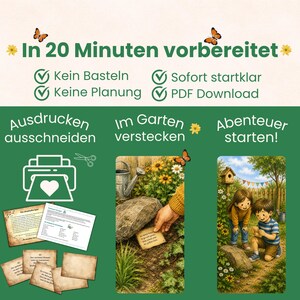 Pu&ograve; includere: Un kit per caccia al tesoro digitale con testo in tedesco che include In 20 Minuten vorbereitet, Kein Basteln, Keine Planung, Sofort startklar, PDF Download, Ausdrucken ausschneiden, Im Garten verstecken e Abenteuer starten. Include carte stampate, una scena in giardino e bambini che giocano.