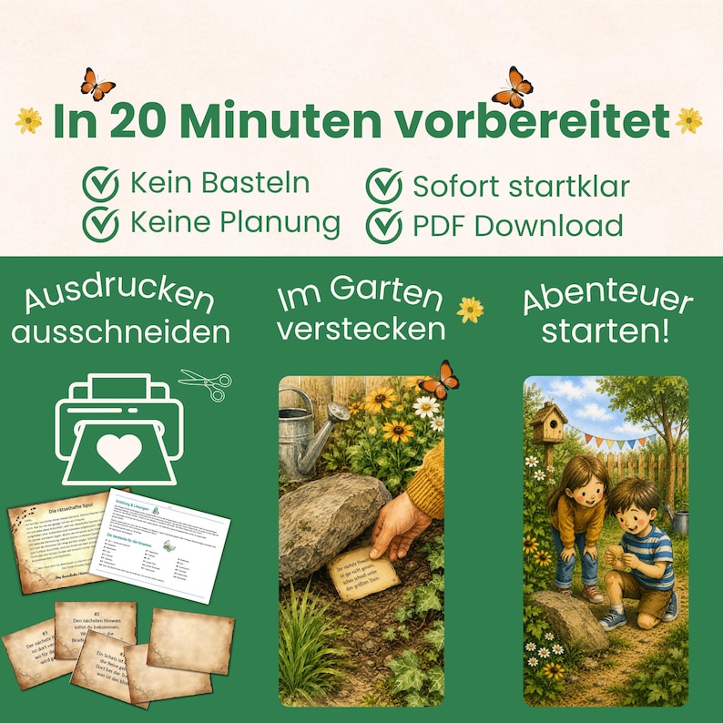Pu&ograve; includere: Un kit per caccia al tesoro digitale con testo in tedesco che include In 20 Minuten vorbereitet, Kein Basteln, Keine Planung, Sofort startklar, PDF Download, Ausdrucken ausschneiden, Im Garten verstecken e Abenteuer starten. Include carte stampate, una scena in giardino e bambini che giocano.