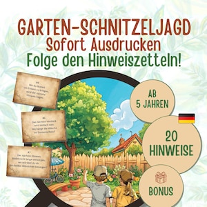 Outdoor Schnitzeljagd für den Garten mit 20 Hinweisen für Kinder ab 5 Jahren z.B. zum Geburtstag in Reimform zum Ausdrucken (PDF, 5 Seiten)