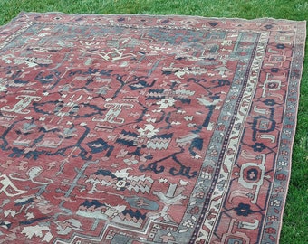 Antique Handmade 9'x12' Carpet "Serapi" Area Rug 8'.10"×11'.10" circa 1920